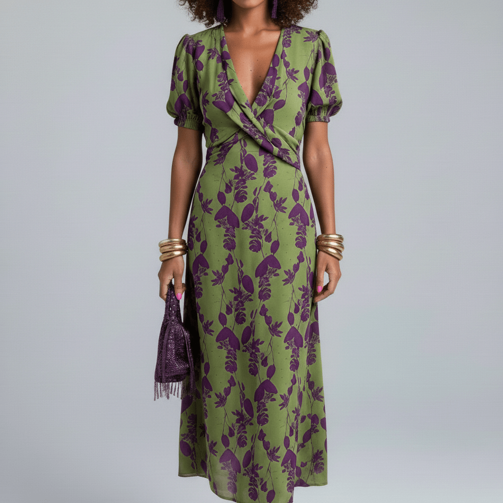 Elodie Midi Dress with Twist Front Waist and Puff Sleeves