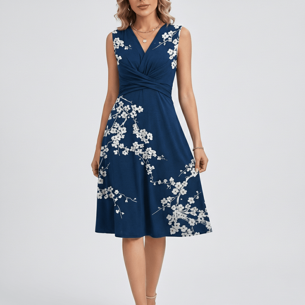 Emily Sleeveless Midi Dress with V-Neck and Twist Waist