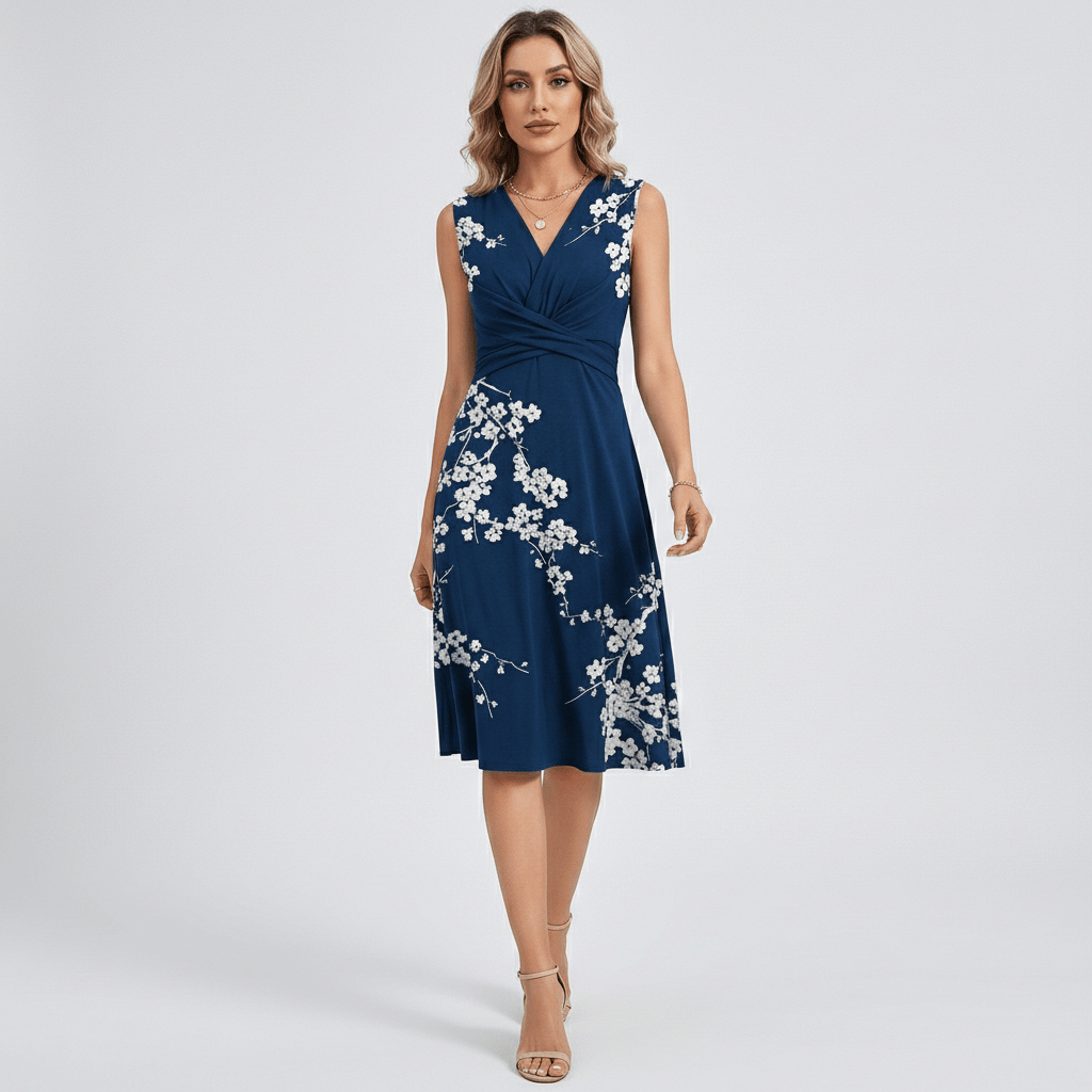 Emily Sleeveless Midi Dress with V-Neck and Twist Waist