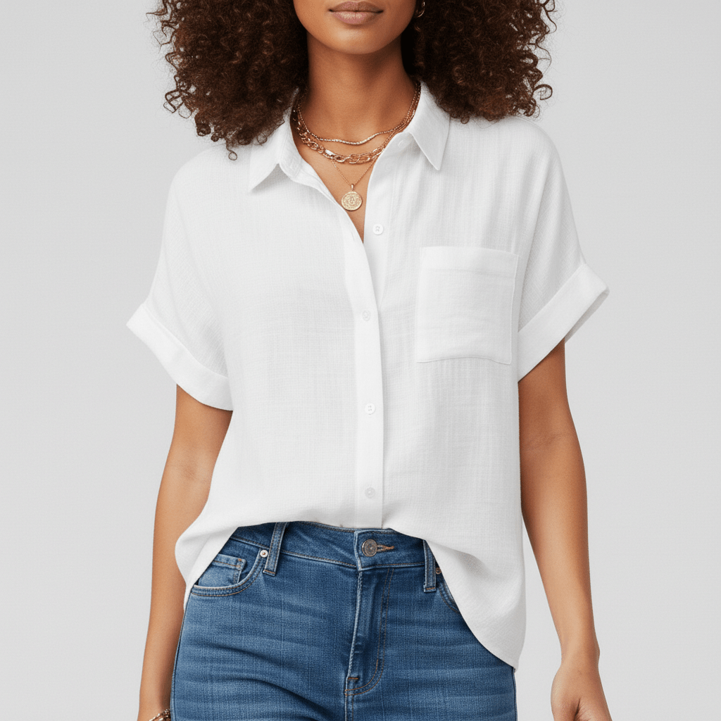 Emmaline Short Sleeve Button-Up Blouse with Shirt Collar
