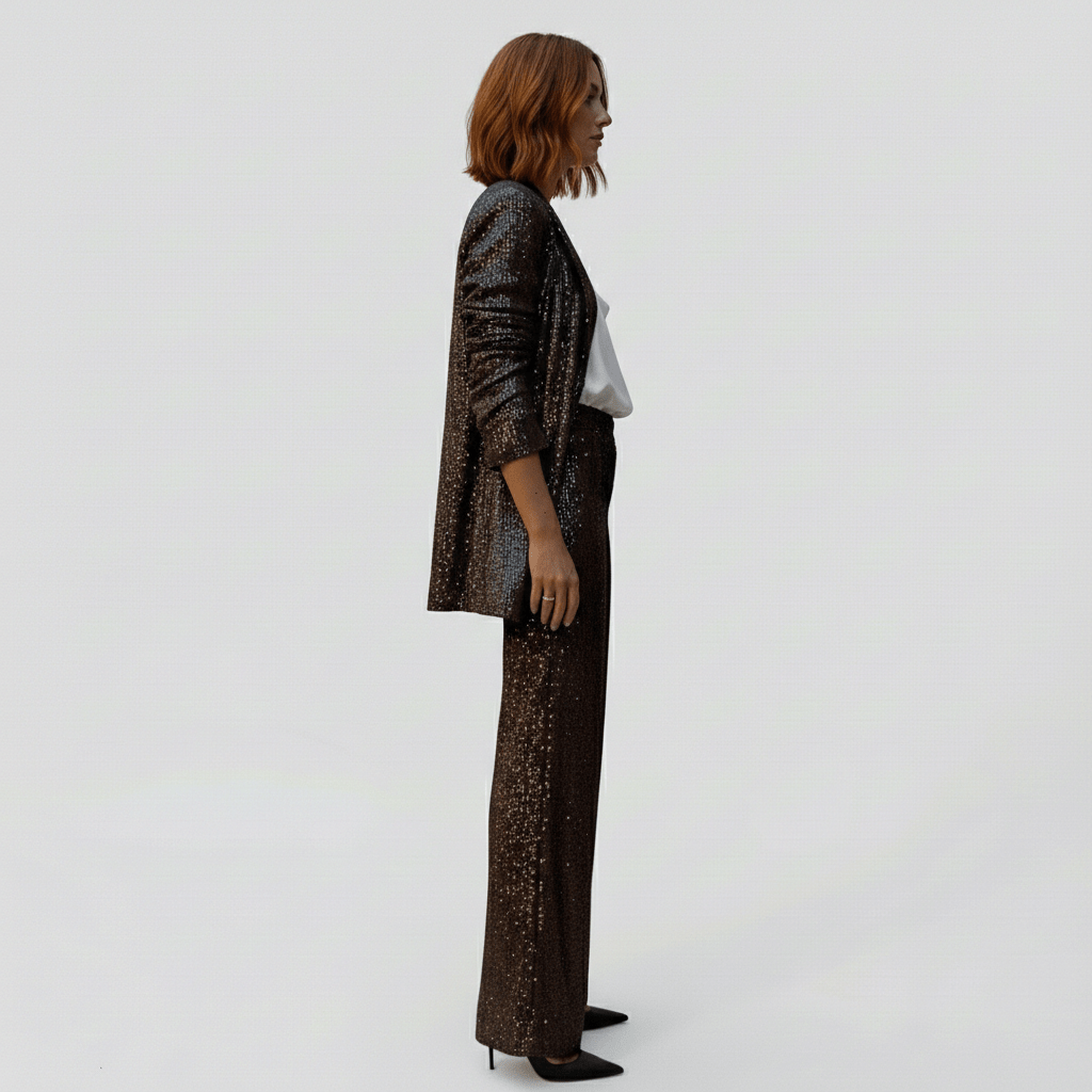 Estella Two Piece Set Sequin Blazer and Wide Leg High Waist Pants