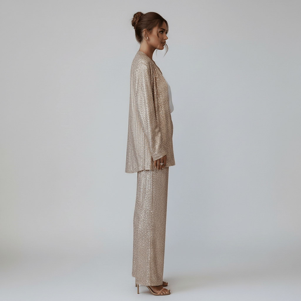 Estella Two Piece Set Sequin Blazer and Wide Leg High Waist Pants