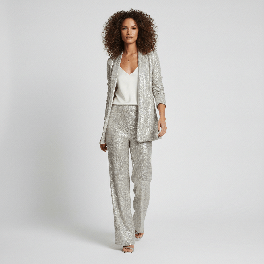 Estella Two Piece Set Sequin Blazer and Wide Leg High Waist Pants