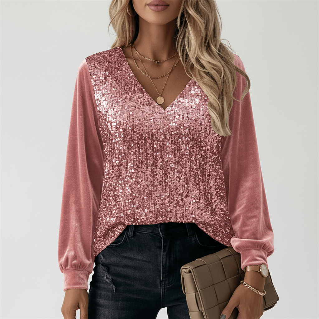 Estelle Glitter V-Neck Long Sleeve Blouse