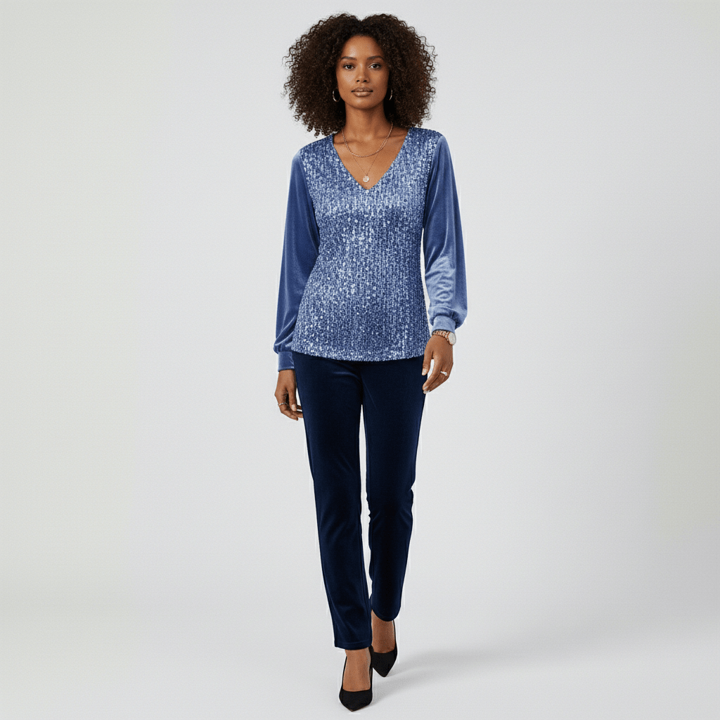 Estelle Glitter V-Neck Long Sleeve Blouse