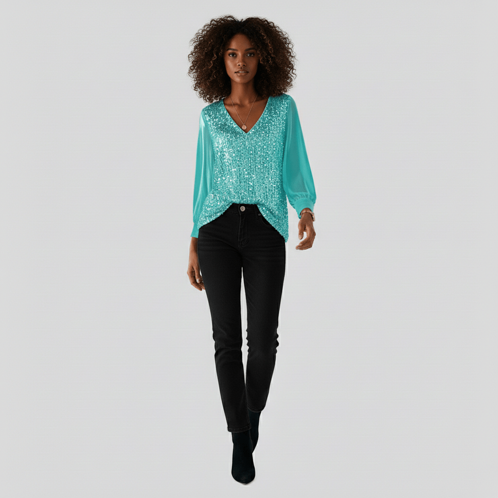 Estelle Glitter V-Neck Long Sleeve Blouse