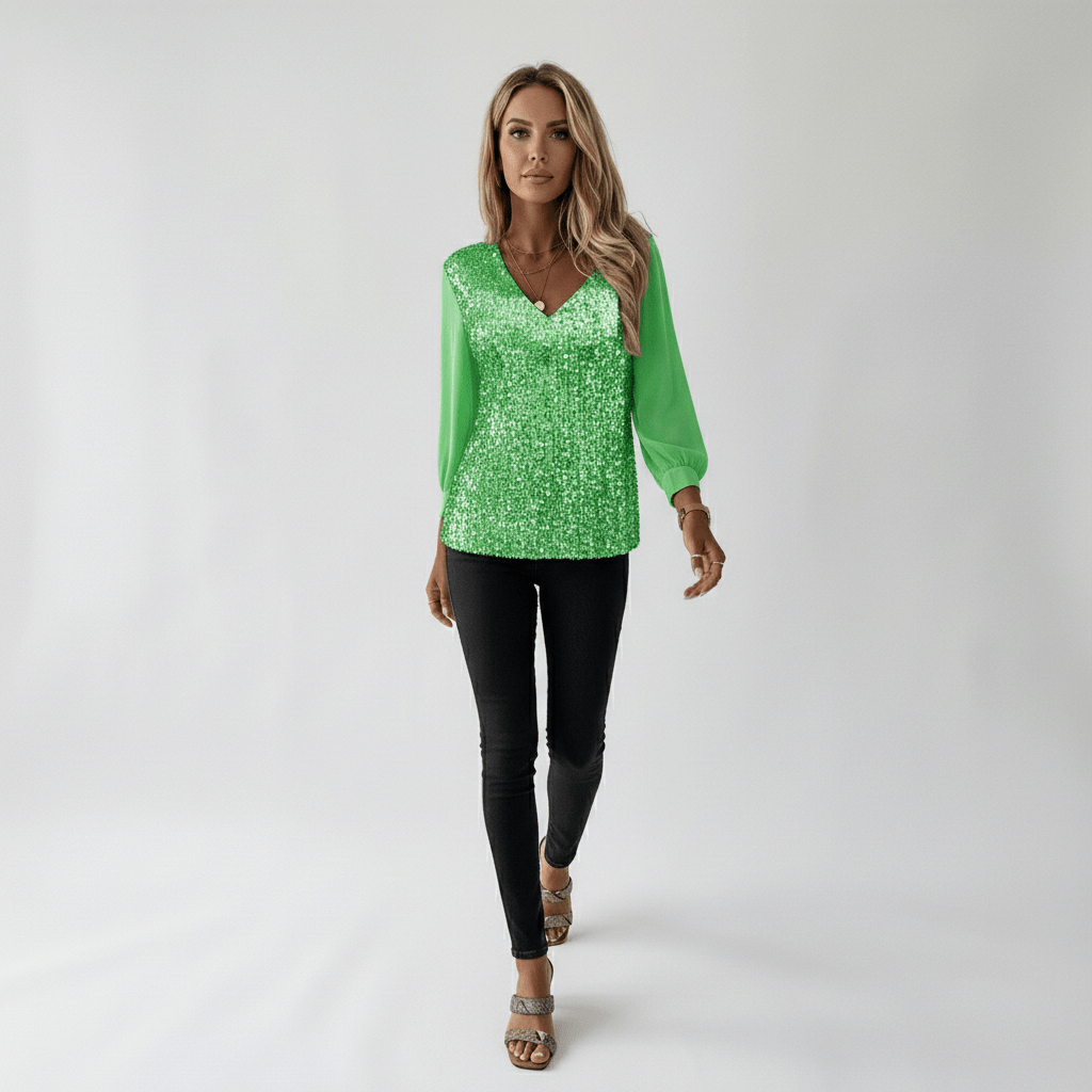 Estelle Glitter V-Neck Long Sleeve Blouse