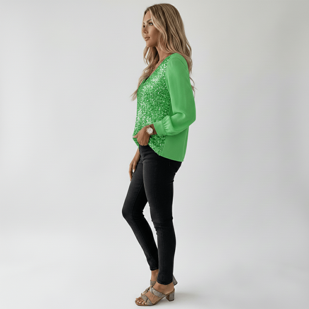 Estelle Glitter V-Neck Long Sleeve Blouse