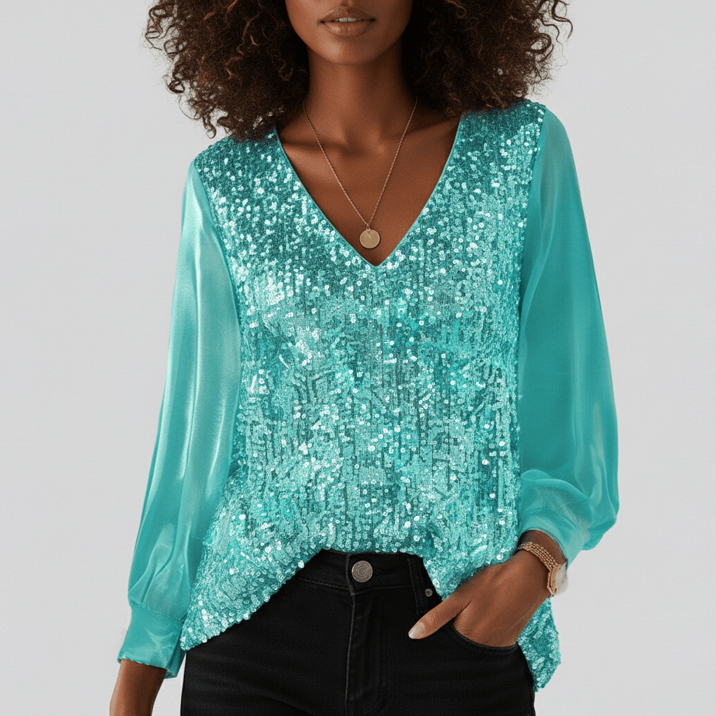 Estelle Glitter V-Neck Long Sleeve Blouse
