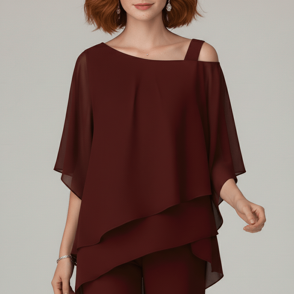 Eunice Two Piece Set Asymmetrical Chiffon Top and Straight-Leg Pants