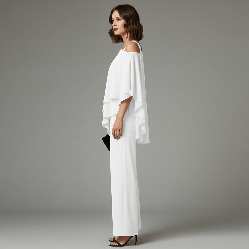 Eunice Two Piece Set Asymmetrical Chiffon Top and Straight-Leg Pants