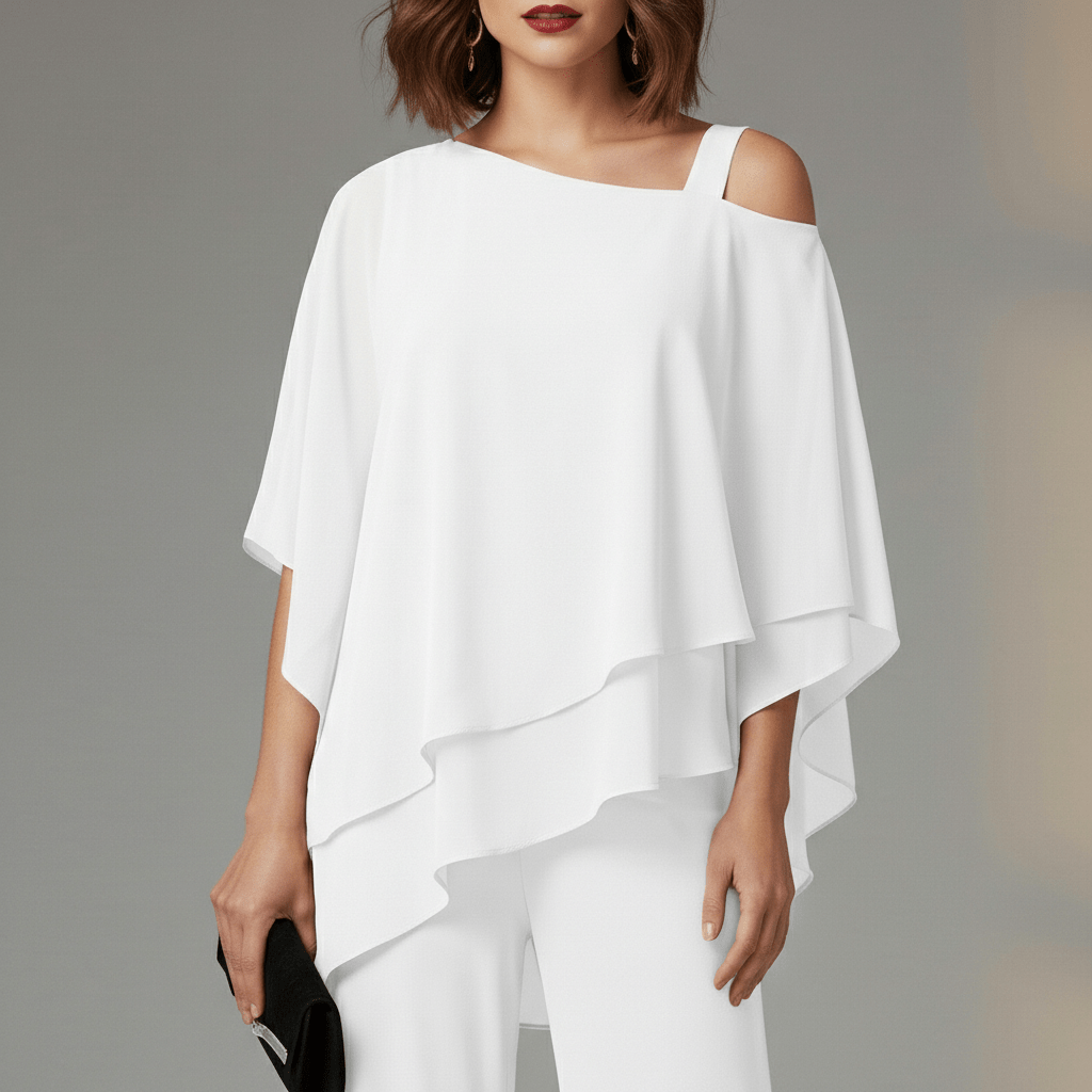 Eunice Two Piece Set Asymmetrical Chiffon Top and Straight-Leg Pants