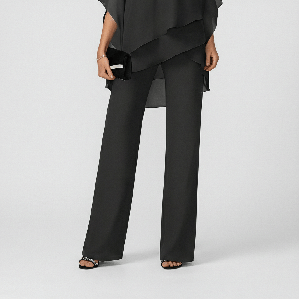 Eunice Two Piece Set Asymmetrical Chiffon Top and Straight-Leg Pants