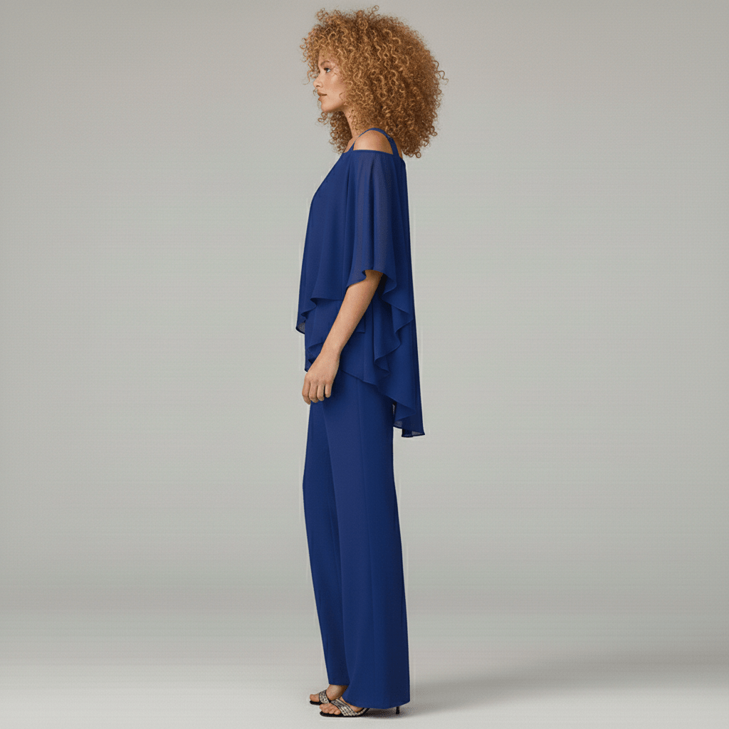 Eunice Two Piece Set Asymmetrical Chiffon Top and Straight-Leg Pants