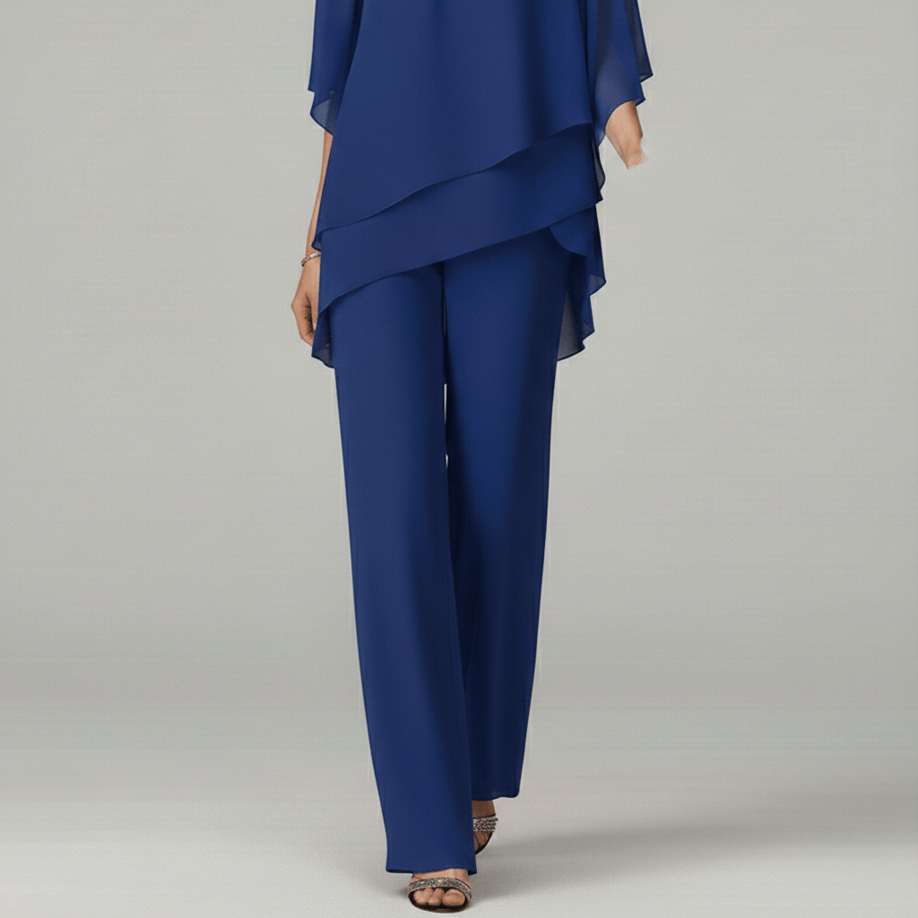 Eunice Two Piece Set Asymmetrical Chiffon Top and Straight-Leg Pants