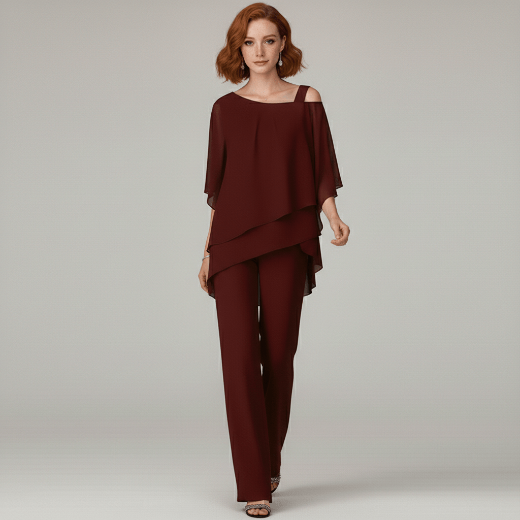 Eunice Two Piece Set Asymmetrical Chiffon Top and Straight-Leg Pants