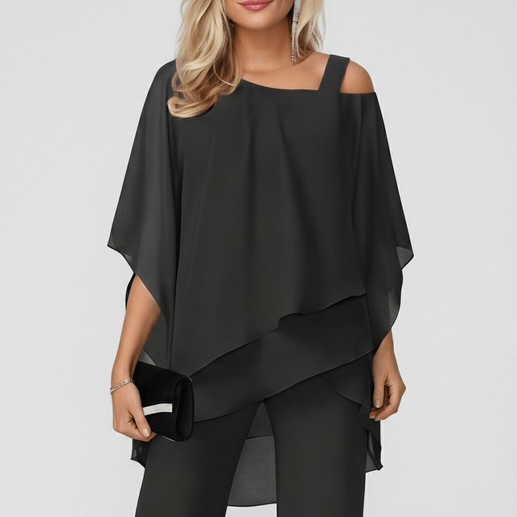 Eunice Two Piece Set Asymmetrical Chiffon Top and Straight-Leg Pants