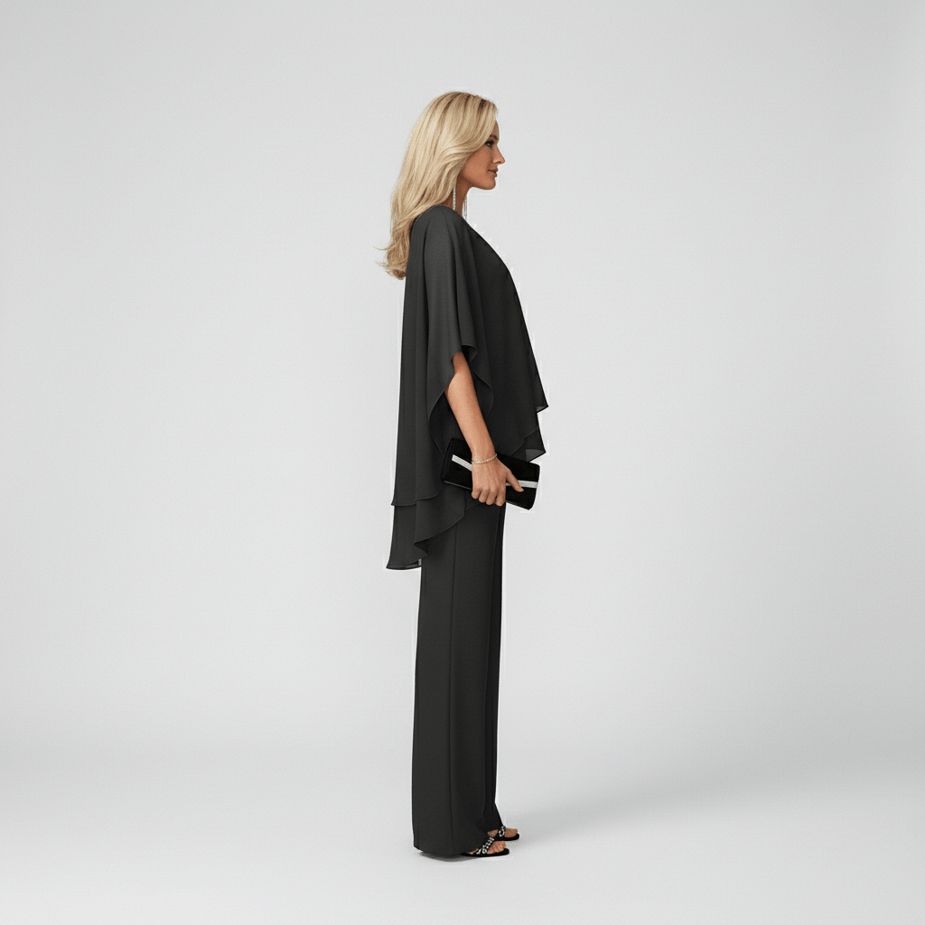 Eunice Two Piece Set Asymmetrical Chiffon Top and Straight-Leg Pants