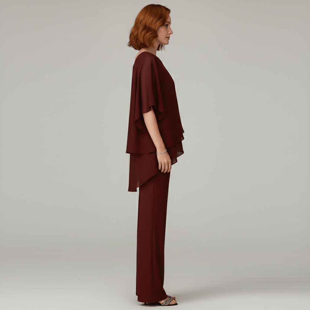 Eunice Two Piece Set Asymmetrical Chiffon Top and Straight-Leg Pants