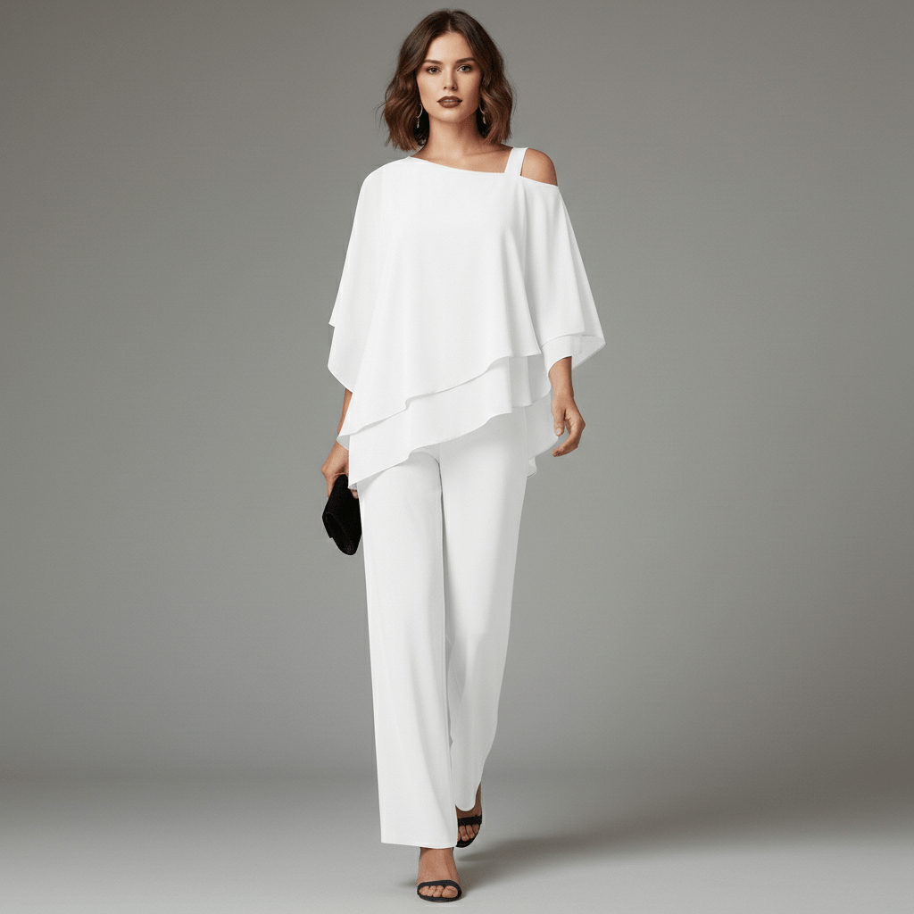 Eunice Two Piece Set Asymmetrical Chiffon Top and Straight-Leg Pants