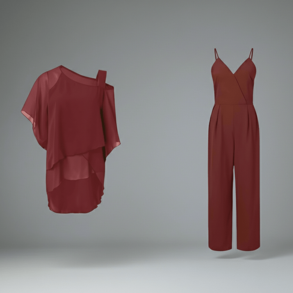 Eunice Two Piece Set Asymmetrical Chiffon Top and Straight-Leg Pants