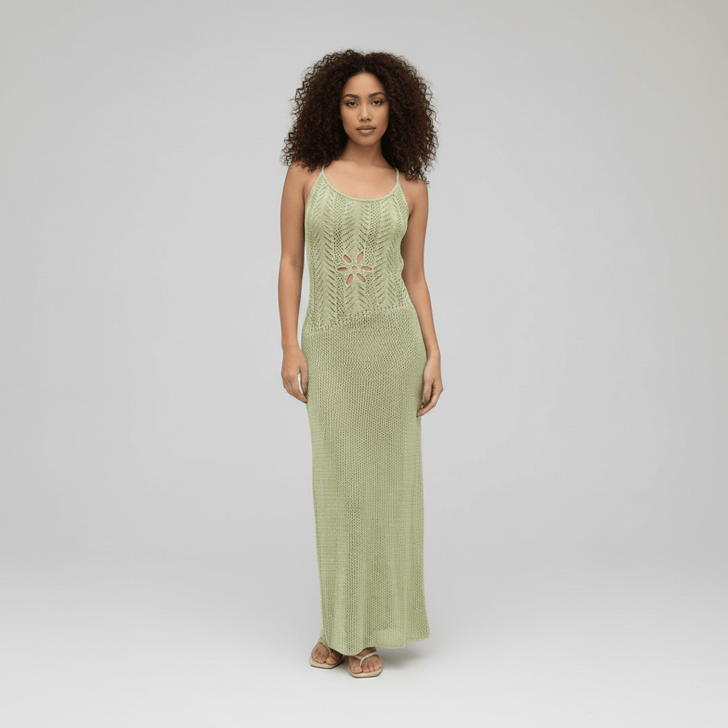 Eva Crochet Knit Maxi Summer Green Dress with Scoop Neck