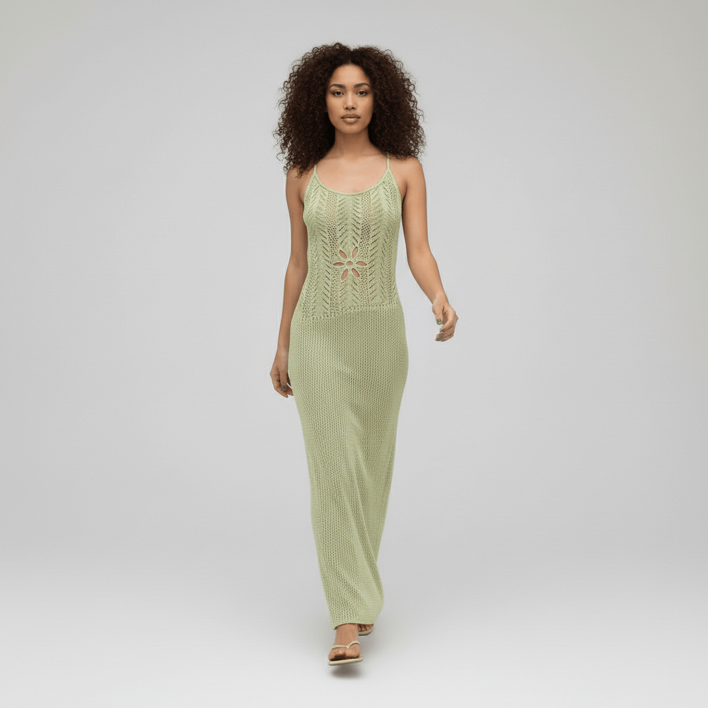 Eva Crochet Knit Maxi Summer Green Dress with Scoop Neck