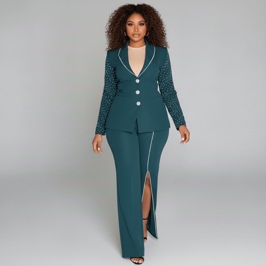 Everly Two Piece Set Pearl Detail Blazer and Split Pants