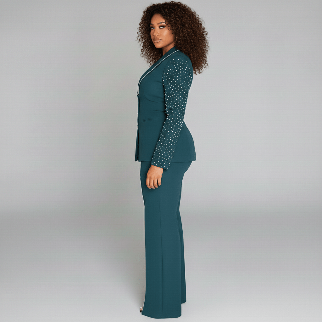 Everly Two Piece Set Pearl Detail Blazer and Split Pants