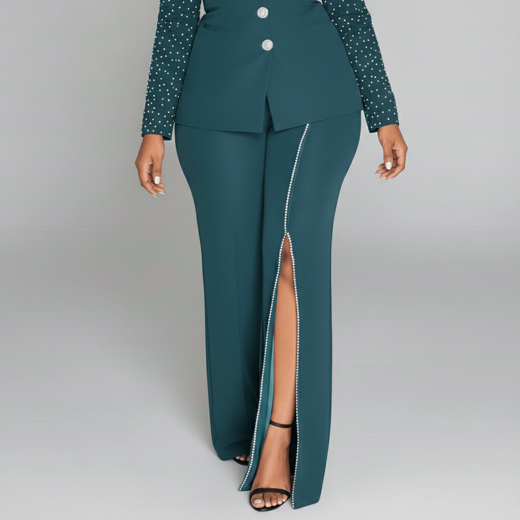 Everly Two Piece Set Pearl Detail Blazer and Split Pants