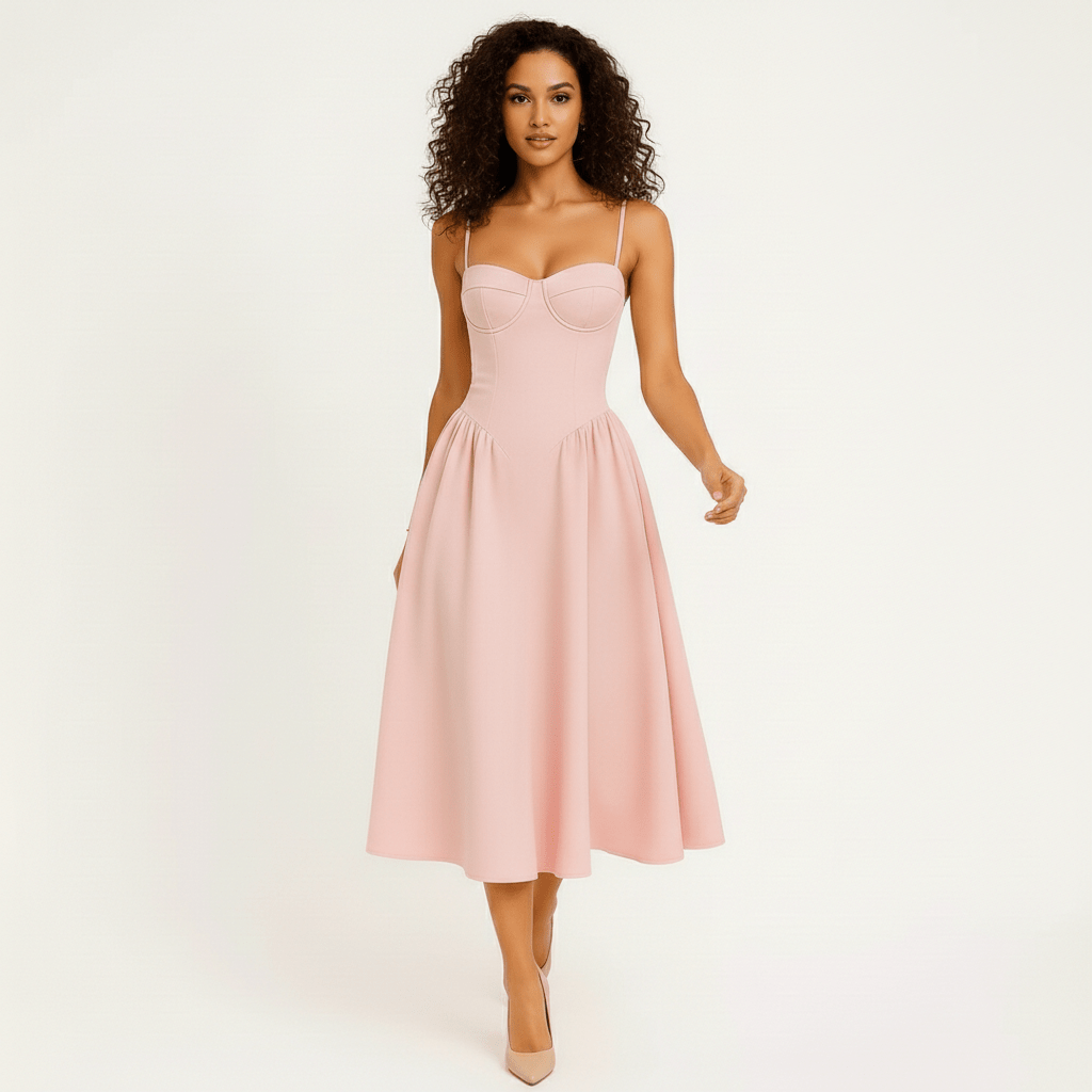 Fleur Corset Bodice Wedding Guest Dress with Spaghetti Straps Midi Length