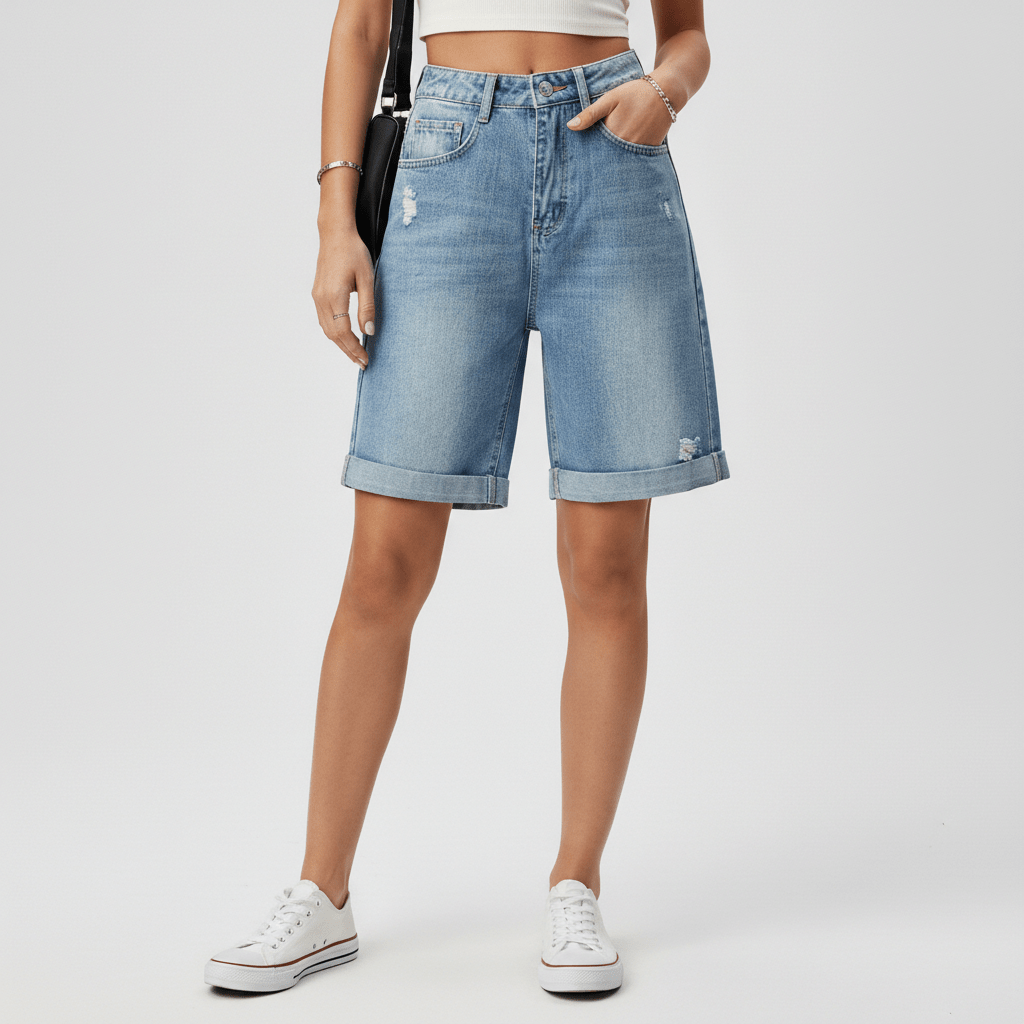 Flora Rolled Hem Denim Shorts Relaxed Fit Mid Rise