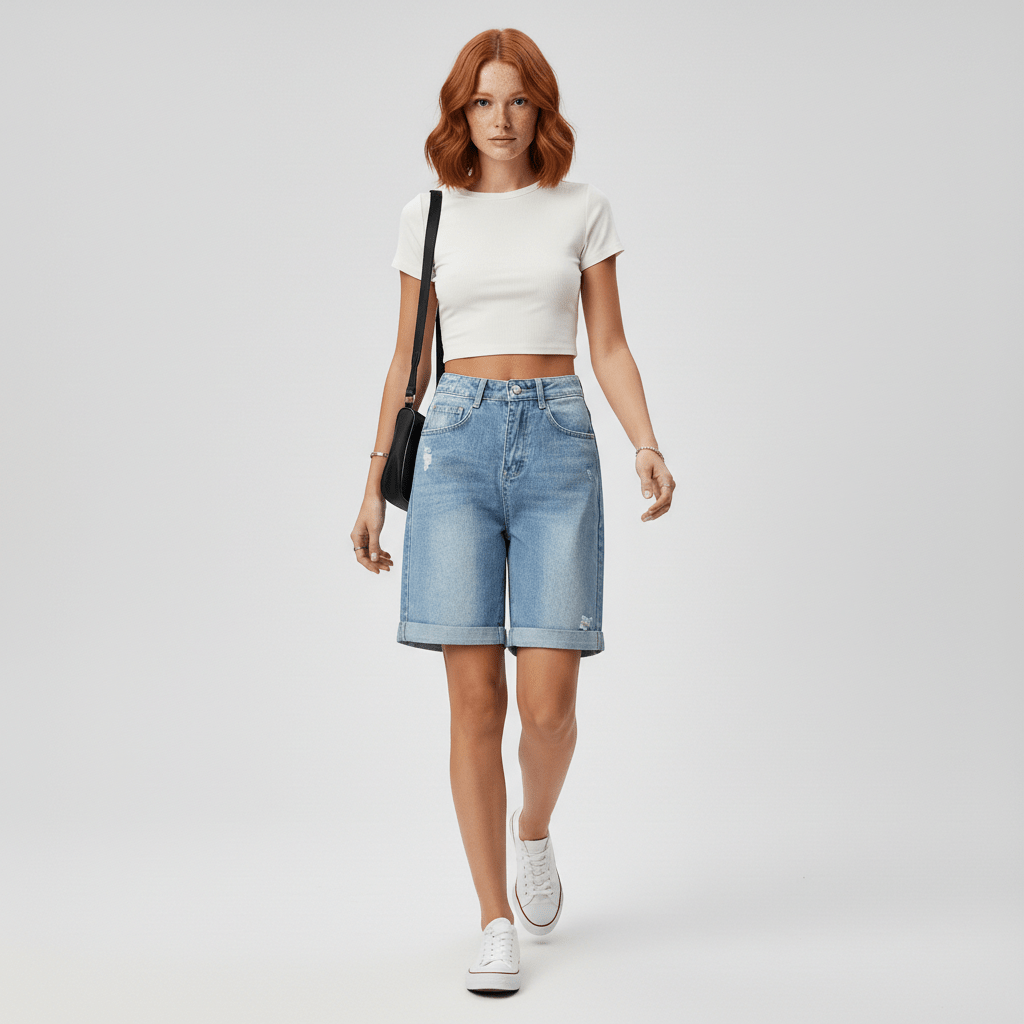 Flora Rolled Hem Denim Shorts Relaxed Fit Mid Rise