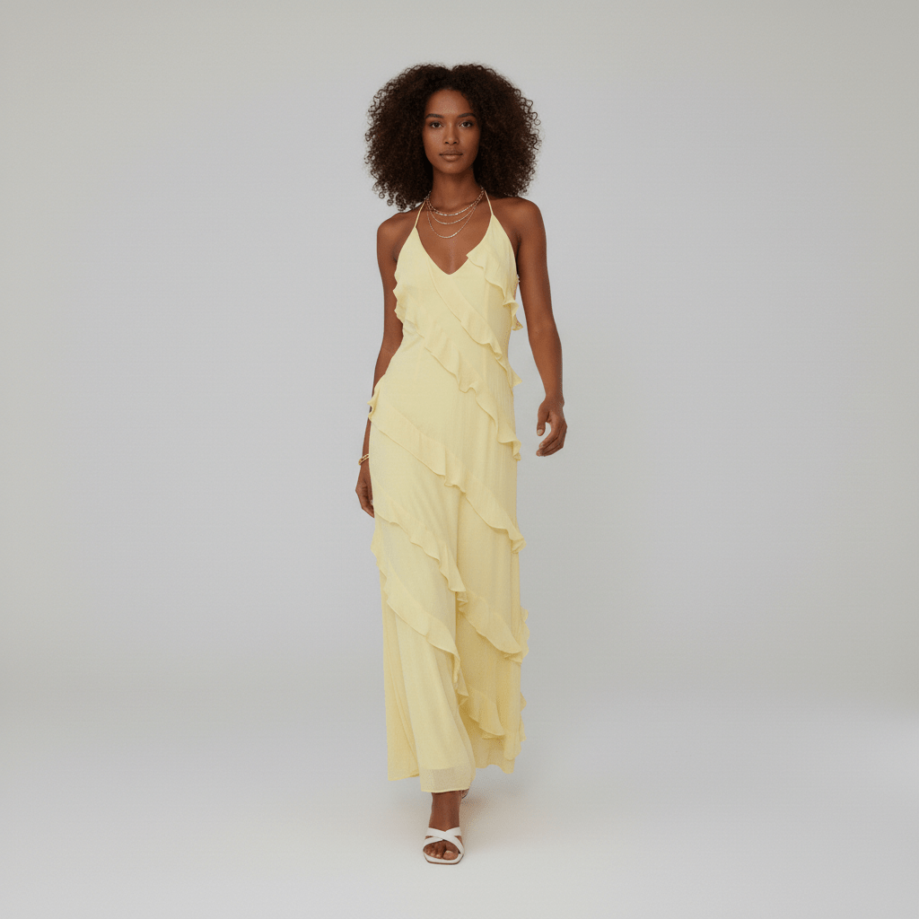 Francesca Halter Neck Ruffle Maxi Dress for Women with V-Neck