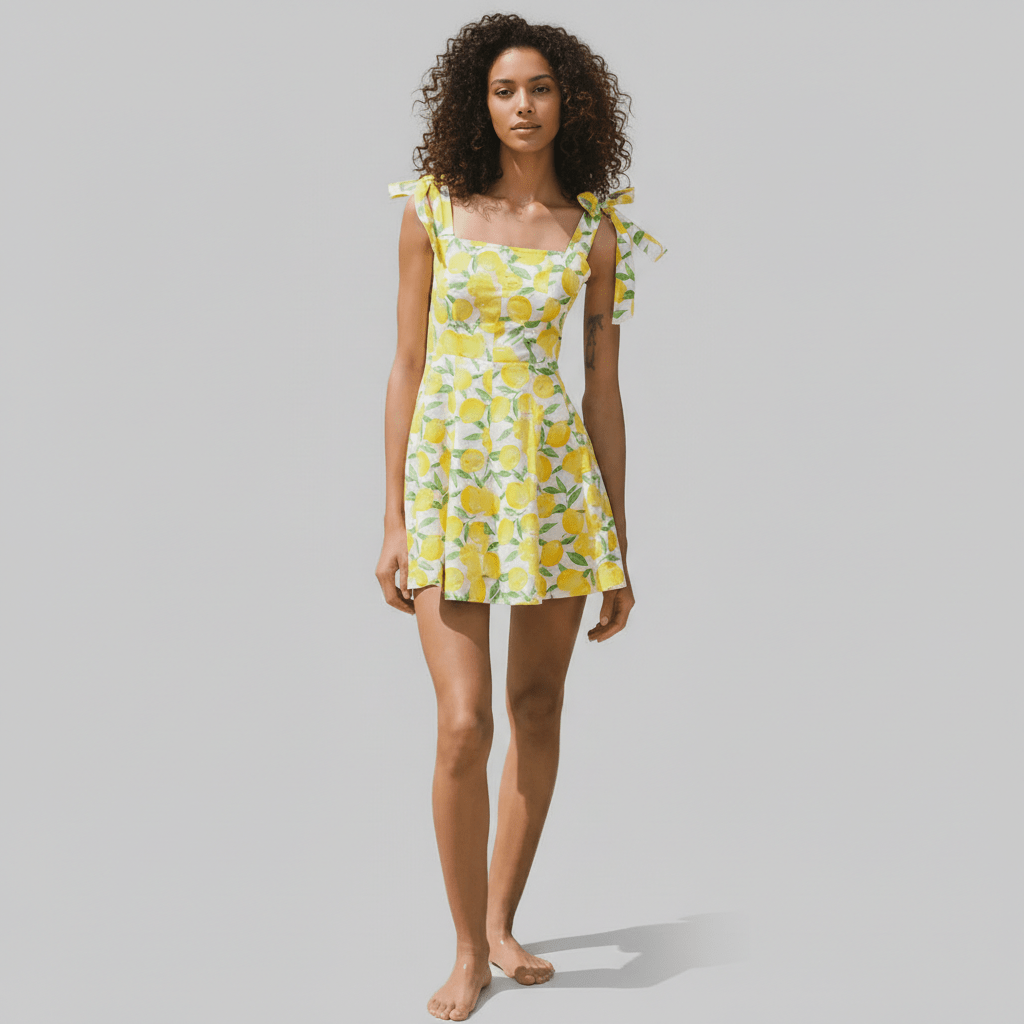 Grace Tie Strap Yellow Mini Summer Dress with Lemon Print and A Line Skirt