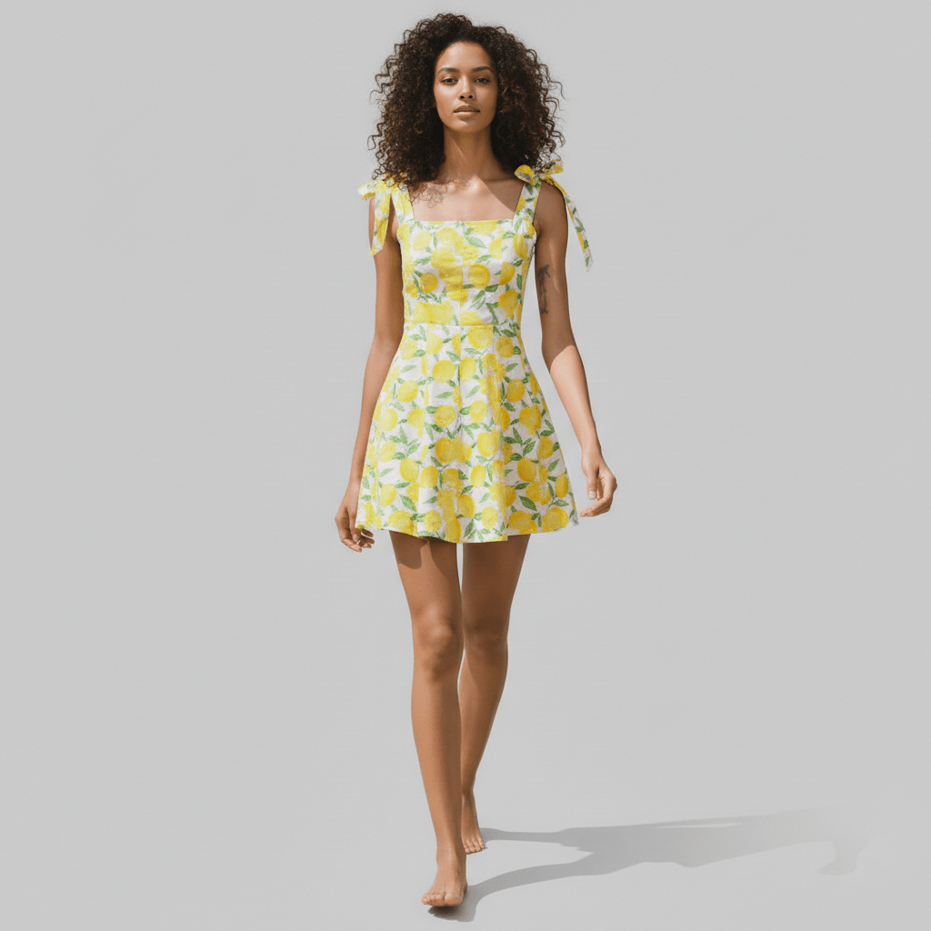 Grace Tie Strap Yellow Mini Summer Dress with Lemon Print and A Line Skirt
