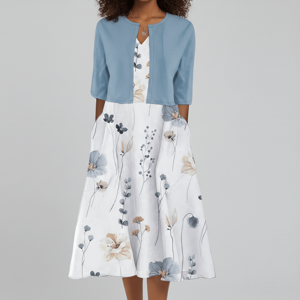 Gracelyn Two Piece Set Floral Dress and Solid Crop Jacket