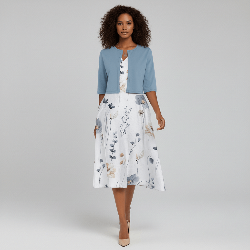 Gracelyn Two Piece Set Floral Dress and Solid Crop Jacket