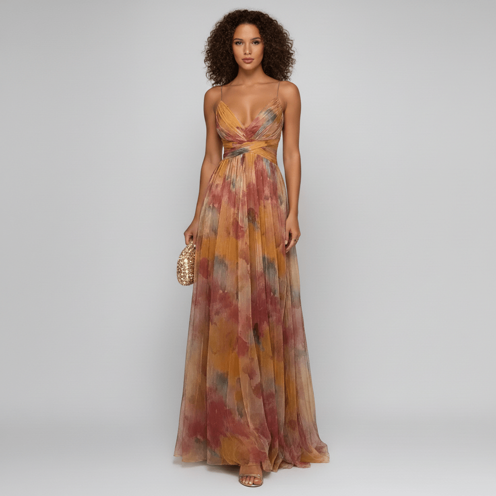 Hannah V-Neck Wedding Guest Dress with Spaghetti Straps Maxi Length