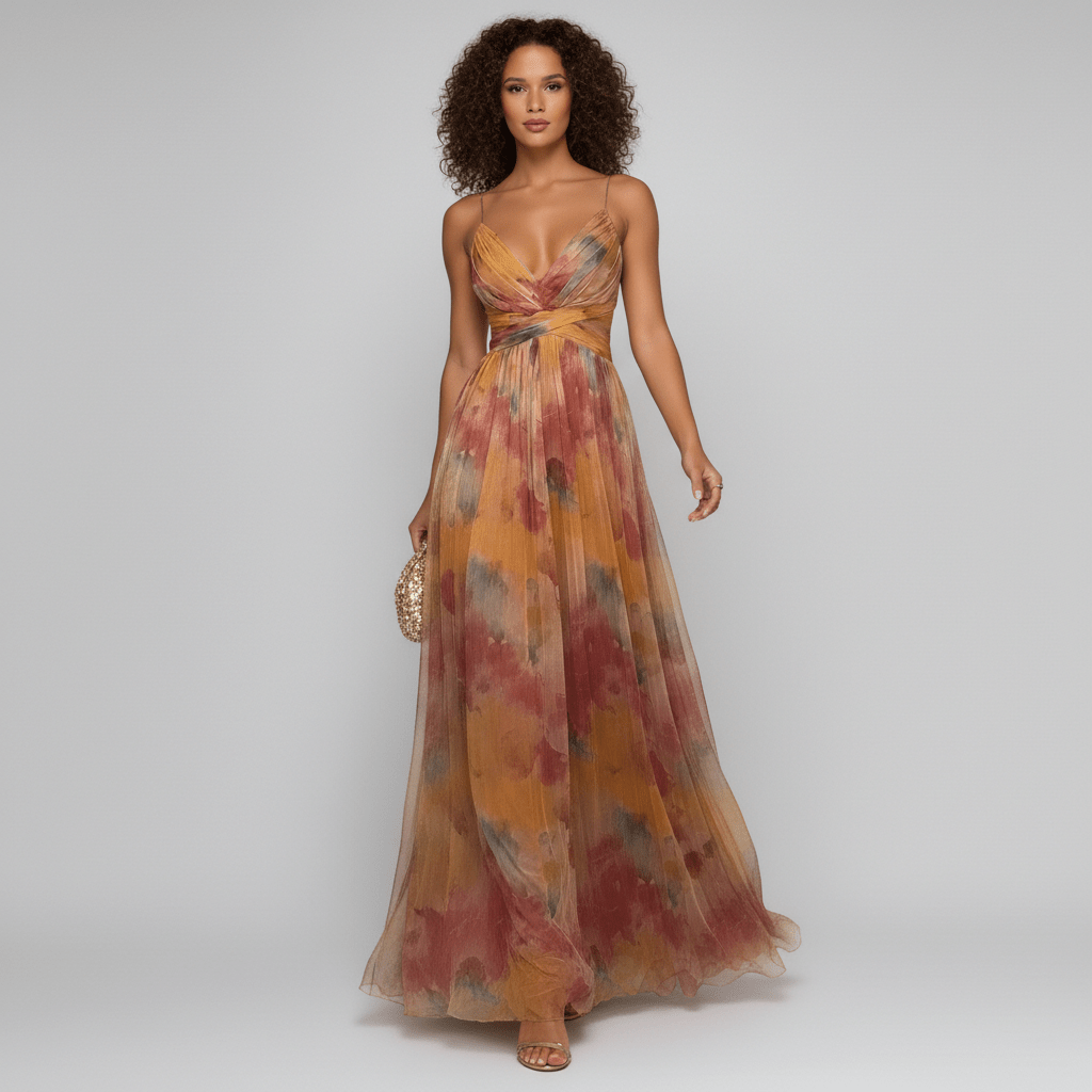 Hannah V-Neck Wedding Guest Dress with Spaghetti Straps Maxi Length