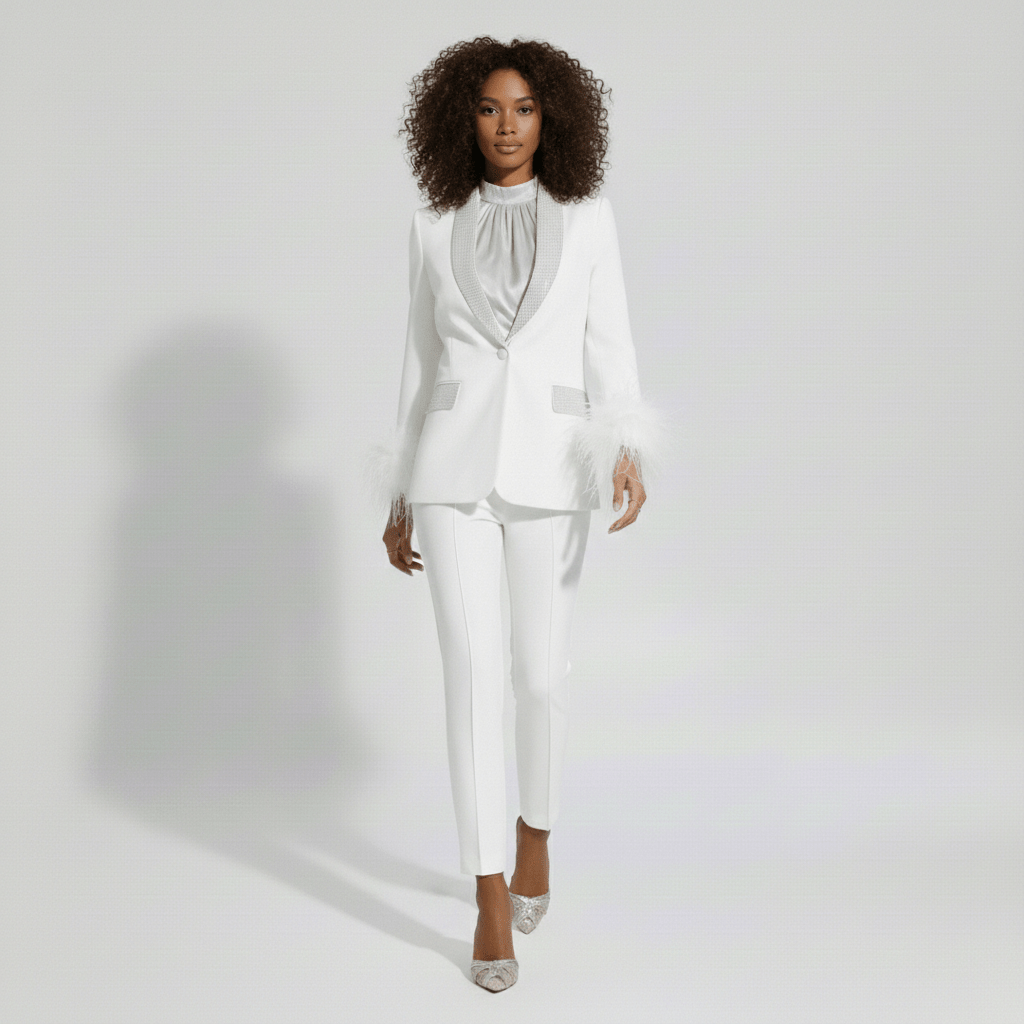 Ingrid Two Piece Set Feather Trim Blazer and Slim Fit Pants