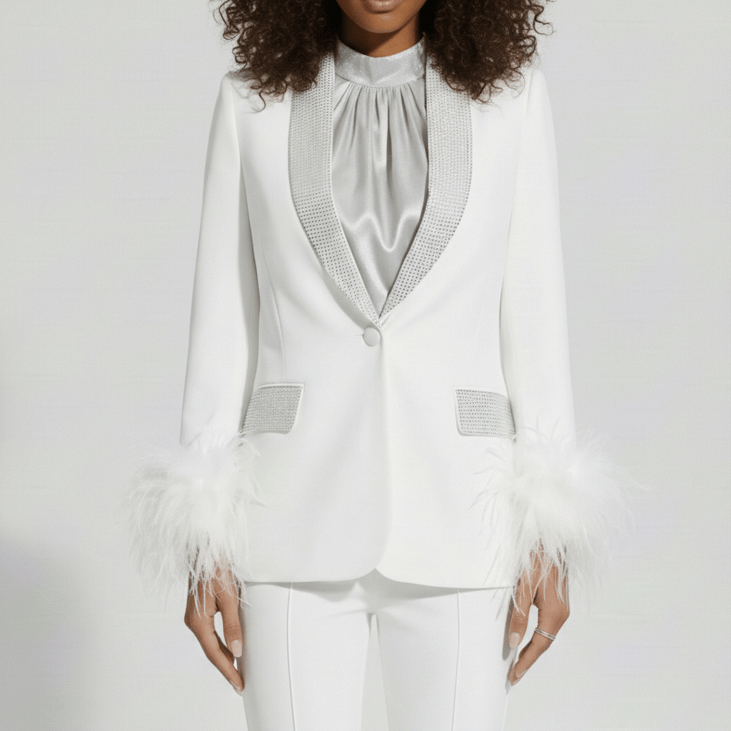 Ingrid Two Piece Set Feather Trim Blazer and Slim Fit Pants