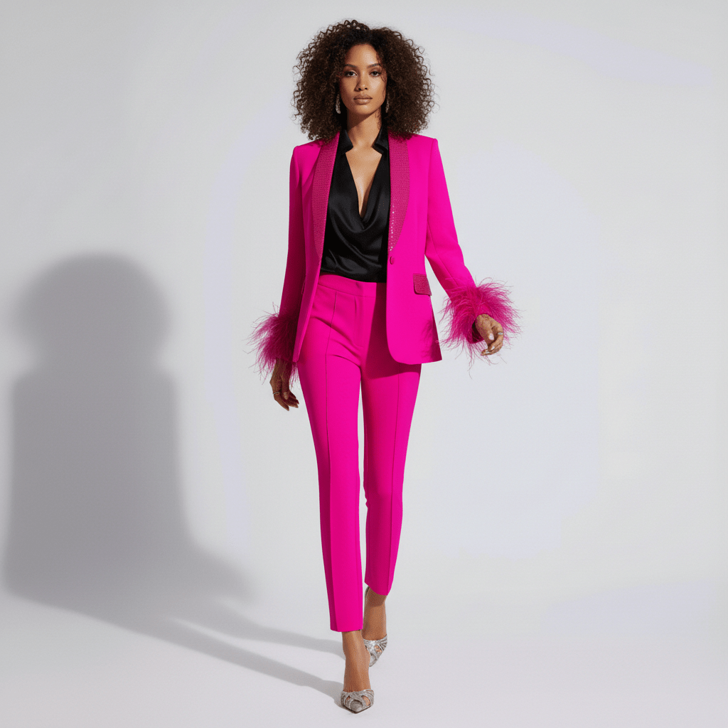Ingrid Two Piece Set Feather Trim Blazer and Slim Fit Pants