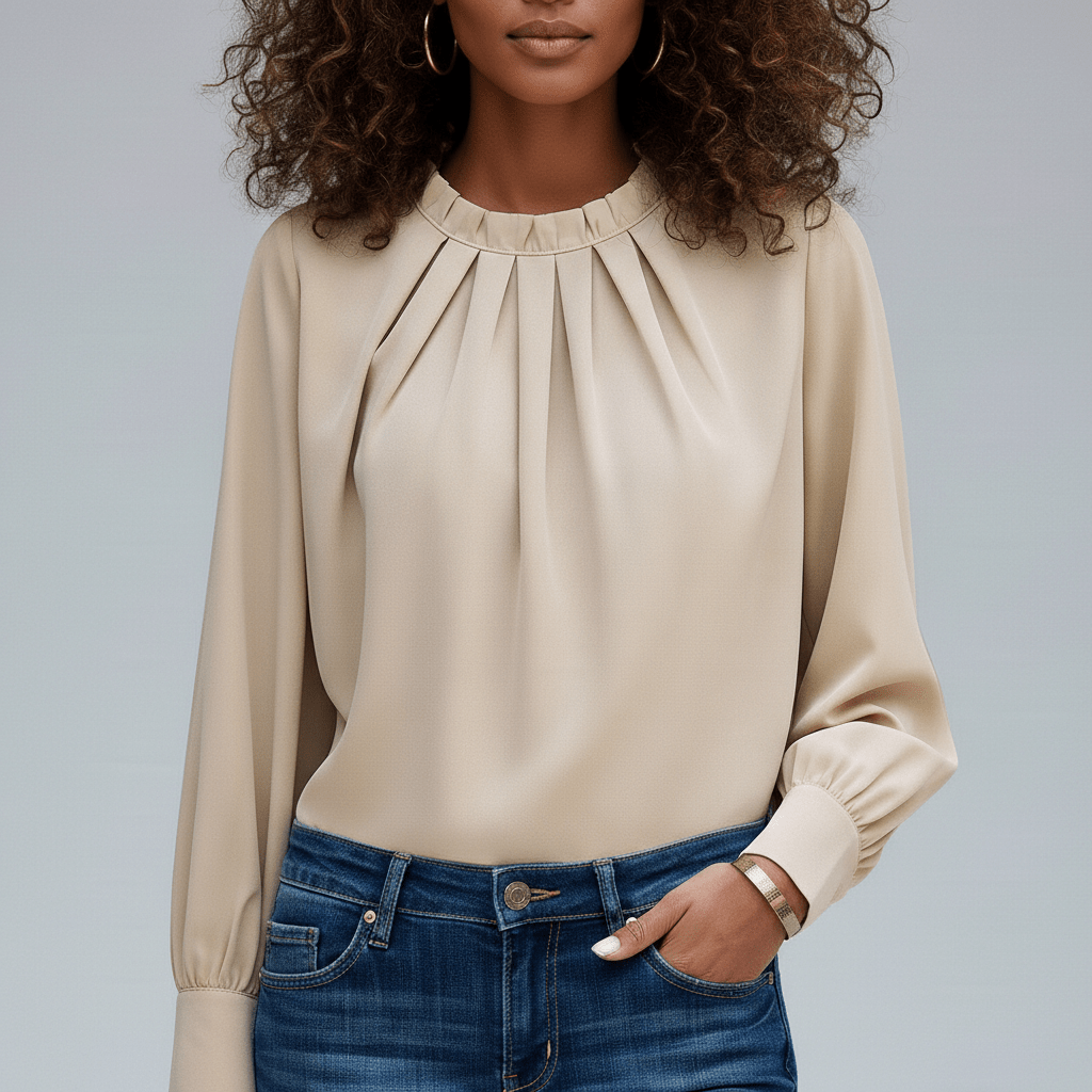 Jackie Pleated Round Neck Long Sleeve Blouse