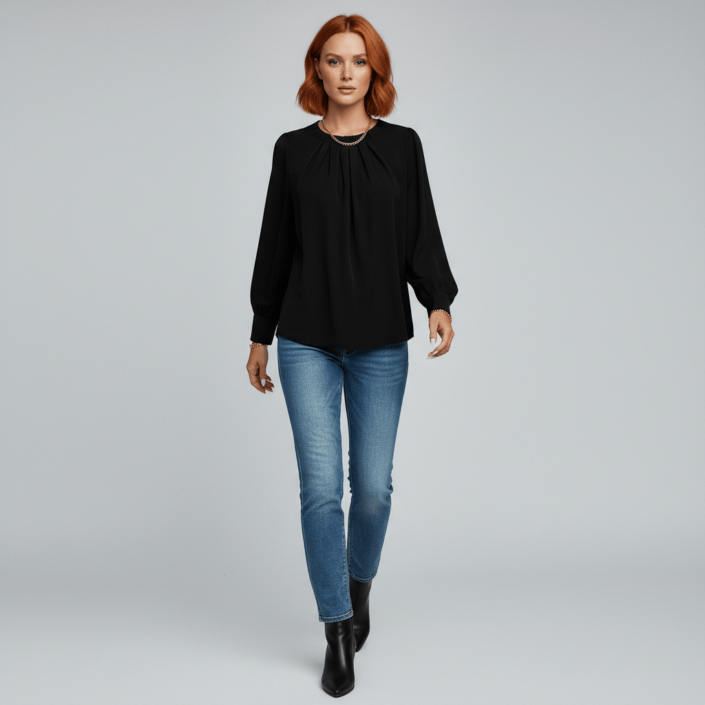 Jackie Pleated Round Neck Long Sleeve Blouse