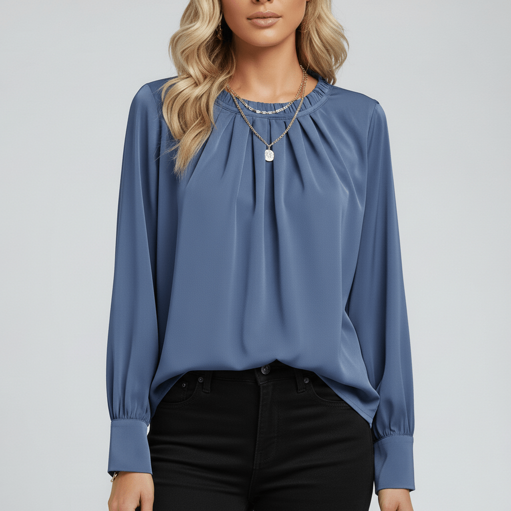 Jackie Pleated Round Neck Long Sleeve Blouse