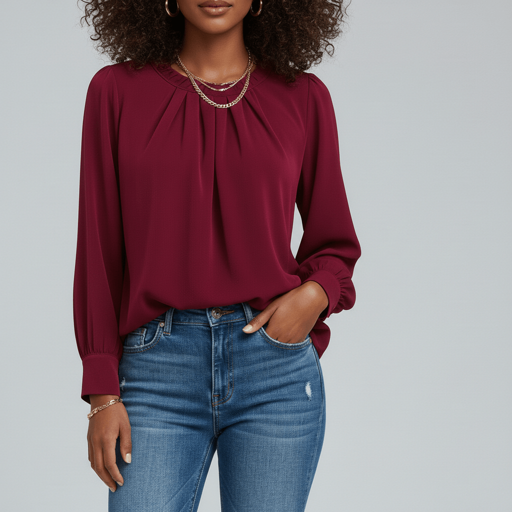 Jackie Pleated Round Neck Long Sleeve Blouse