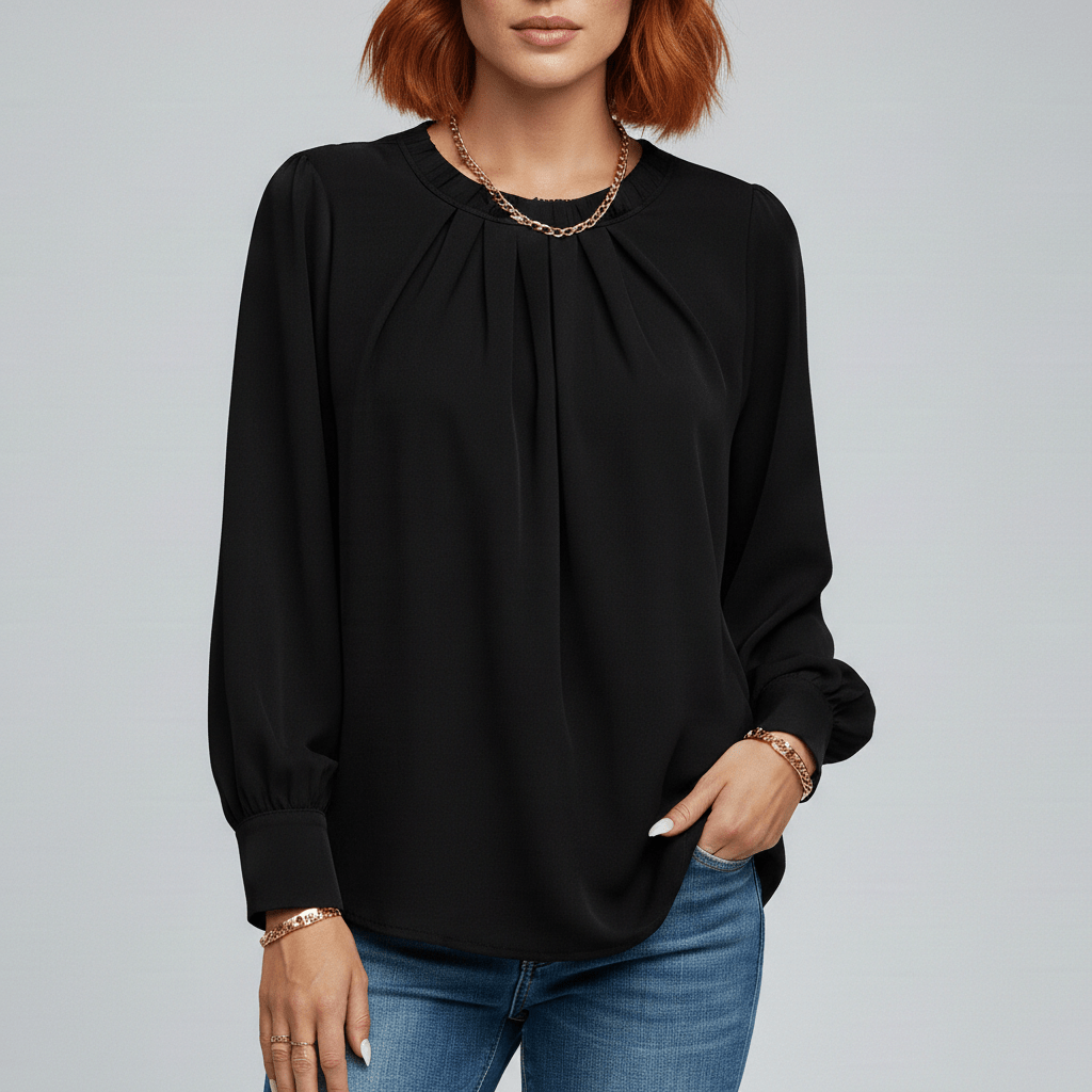 Jackie Pleated Round Neck Long Sleeve Blouse