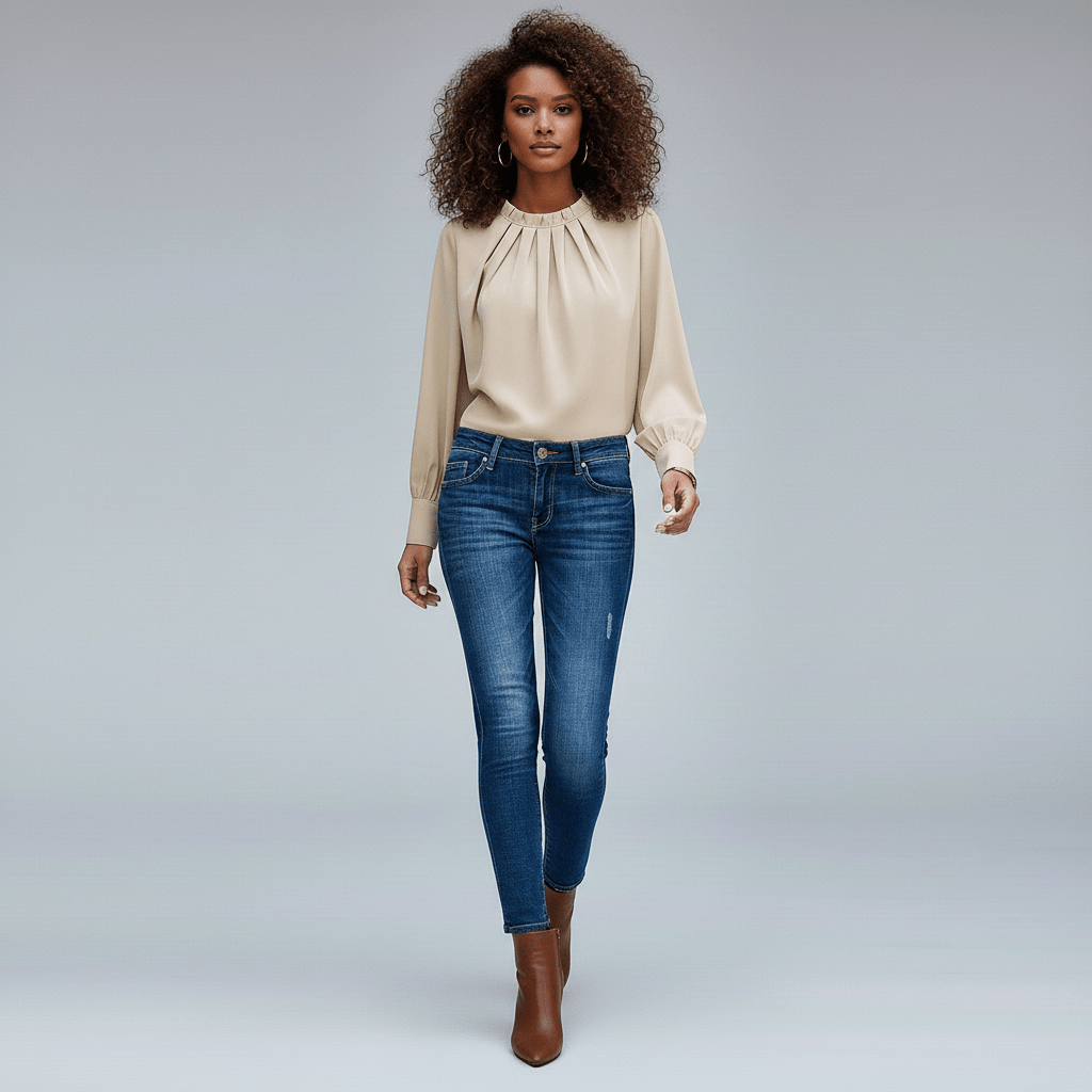 Jackie Pleated Round Neck Long Sleeve Blouse