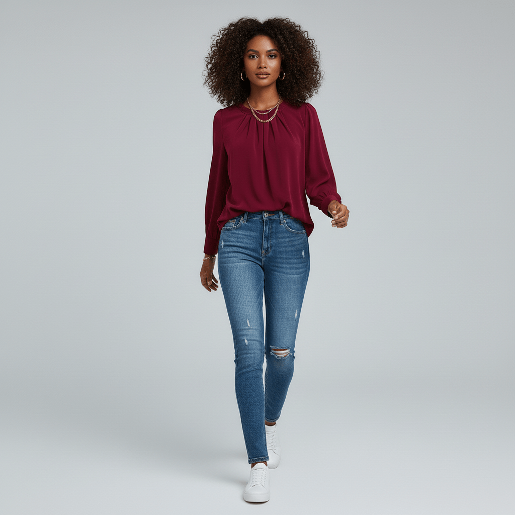 Jackie Pleated Round Neck Long Sleeve Blouse